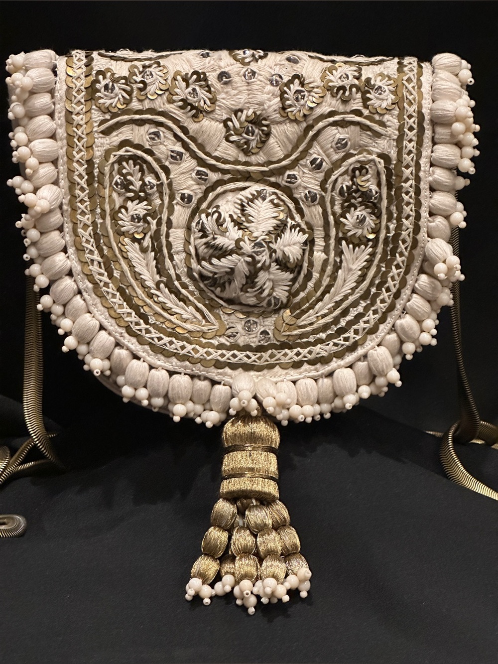 H&M Conscious Exclusive 2014 Ivory Beaded Embroidered Tassel Bag limited-edition
